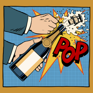Cartoon of a champagne bottle being popped open