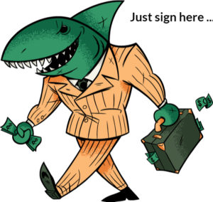 A Shark in a business suit with a briefcase that is leaking cash